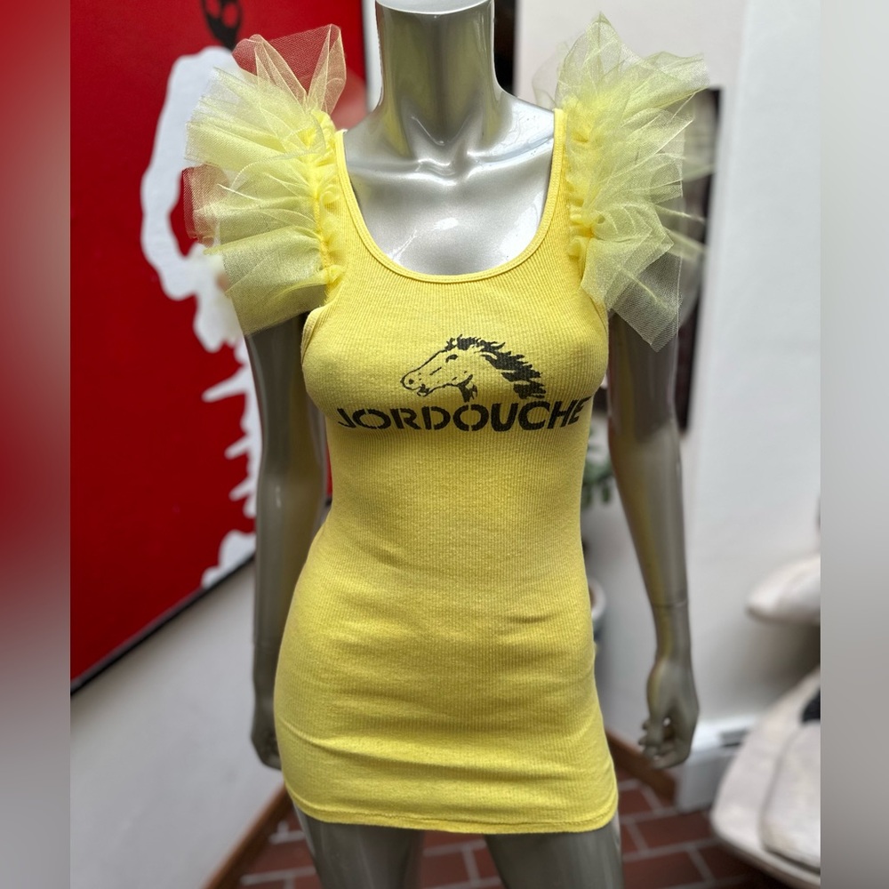 ⚡️JORDOUCHE JORDACHE horse funny rockin’ tank top handmade ruffle shoulder M